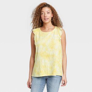 Knox Rose Yellow & White Tie-Dye Sleeveless Top with Ruffle Detail | Size Large